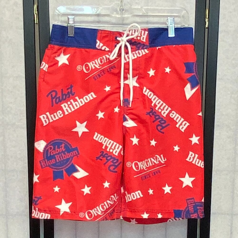 Pabst Blue Ribbon Beer Men's Swim Trunks Board Shorts 20" Red Blue White NWT